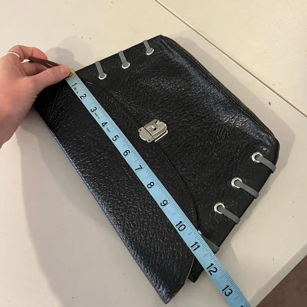 Vintage 90s Black Genuine Leather Weaved Silver Lock Large Clutch Bag